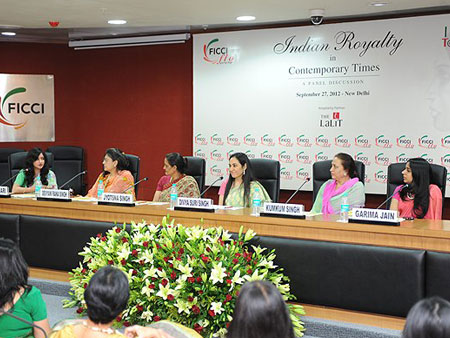 Panelists(L-r) : Princess Divya Kumari of Jubbal,H.H.Devyani Rana Singh of Singrauli,Princess Jyotsna Singh of Jammu and Kashmir ,Divya Singh Suri- YFLO Chairperson, H.H. Kumkum Singh of Nabha, Garima Singh - YFLO Senior Vice Chairperson, and H.H. Gita devi of Kapurthala.